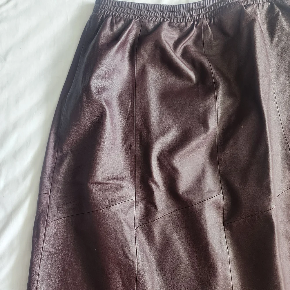 Brown Genuine Leather Skirt Womens Size 20 Vintage Midi Pockets Red - Picture 4 of 10